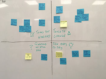 Image of the feedback grid, sticky notes on a whiteboard