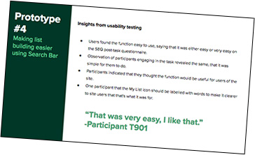 Slide featuring insights from prototype testing and a quote saying 'That was very easy, I like that! --Participant T901'. The rest is unreadable.